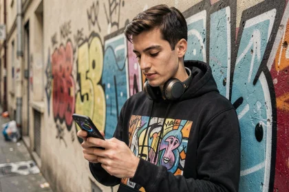 Jeune homme écoutant la radio Skyrock sur smartphone dans une ruelle urbaine parisienne avec graffitis