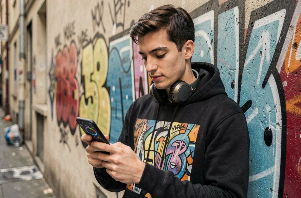 Jeune homme écoutant la radio Skyrock sur smartphone dans une ruelle urbaine parisienne avec graffitis