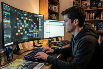 Joueur de Path of Exile 2 analysant un arbre de compétences complexe sur un écran ultrawide dans un setup gaming à domicile