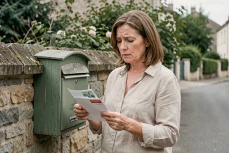 Femme tenant une lettre prioritaire rouge et une lettre verte devant une boîte aux lettres résidentielle en France