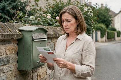 Femme tenant une lettre prioritaire rouge et une lettre verte devant une boîte aux lettres résidentielle en France