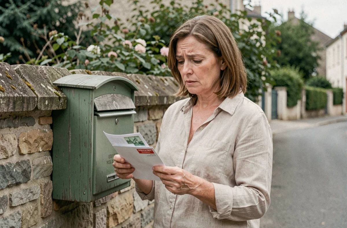 Femme tenant une lettre prioritaire rouge et une lettre verte devant une boîte aux lettres résidentielle en France