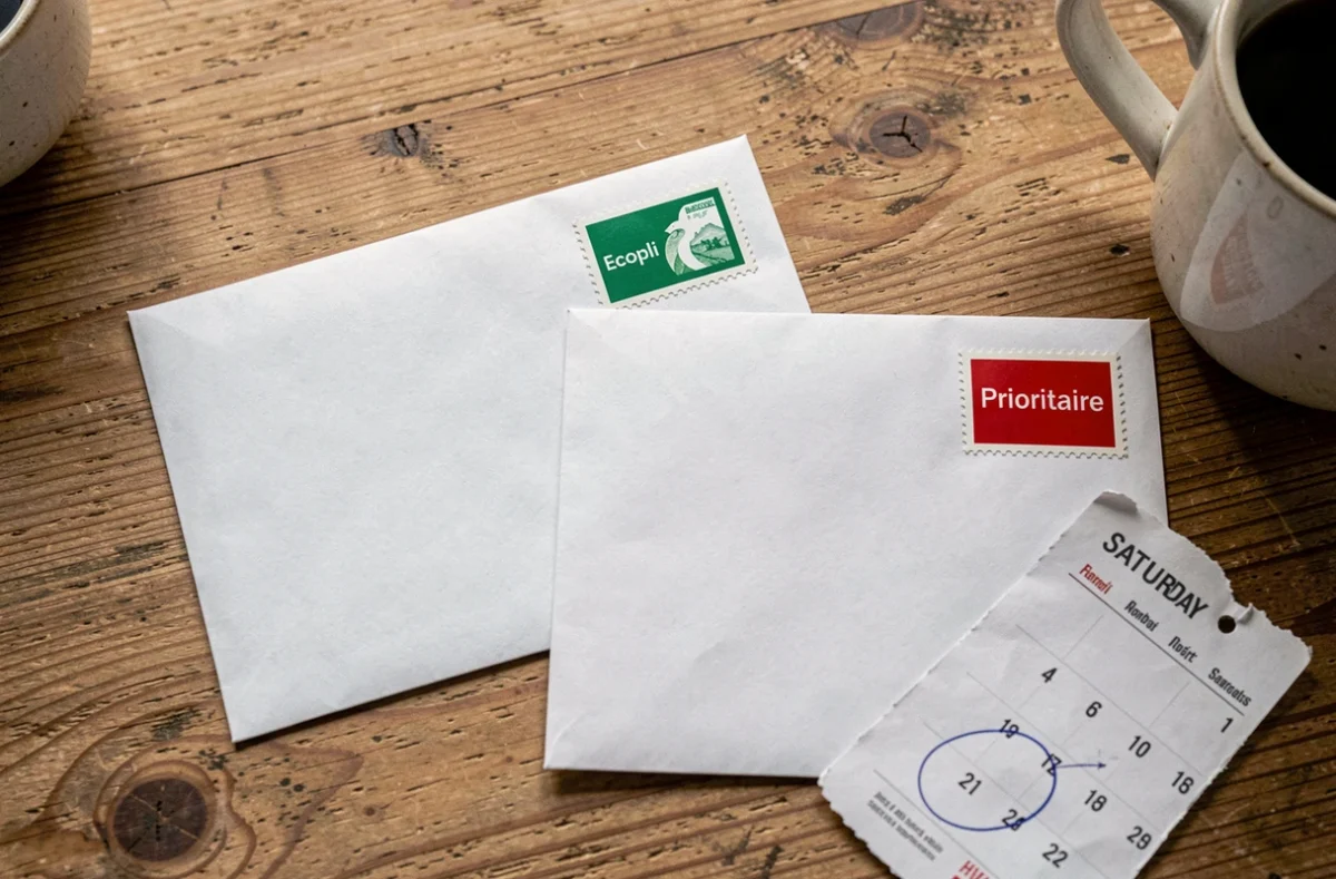 Enveloppe lettre prioritaire et lettre verte posées sur une table avec un calendrier ouvert sur un samedi