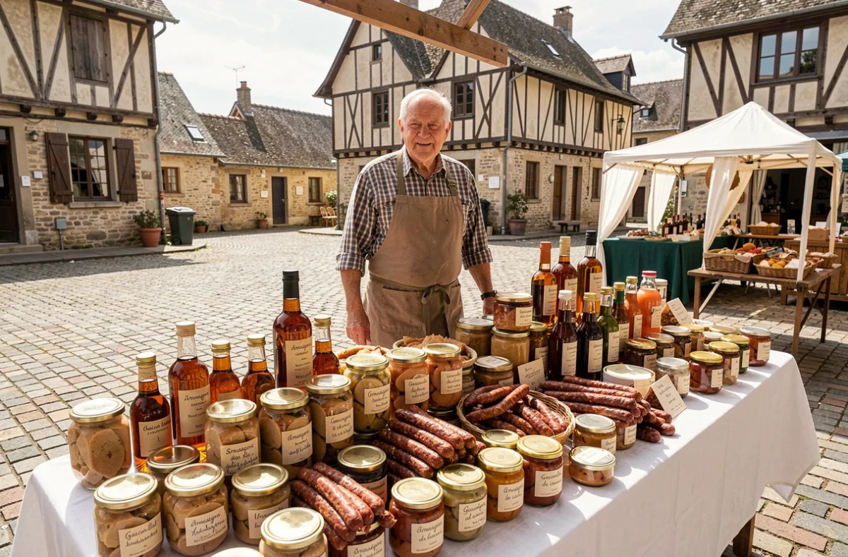 Étal de marché gascon avec foie gras en bocaux, bouteilles d'armagnac et spécialités régionales dans un village du Gers