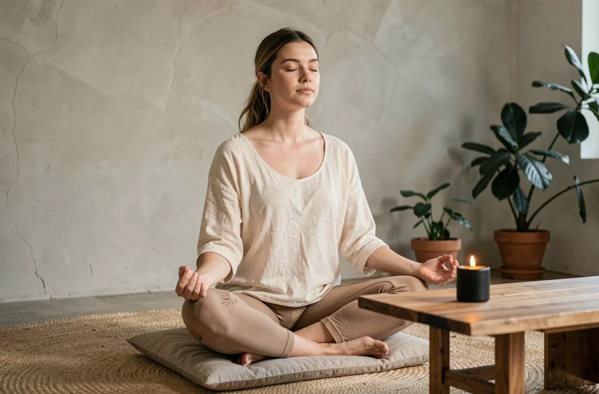 Femme en méditation devant une bougie noire allumée pour l'équilibre des chakras et des énergies