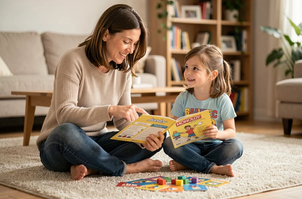 Mère et fille lisant les règles simplifiées du Monopoly Junior assis sur un tapis de salon