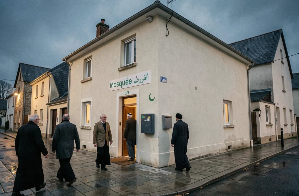 Façade d'une mosquée de banlieue parisienne avec des fidèles arrivant pour la prière de l'isha à Bondy