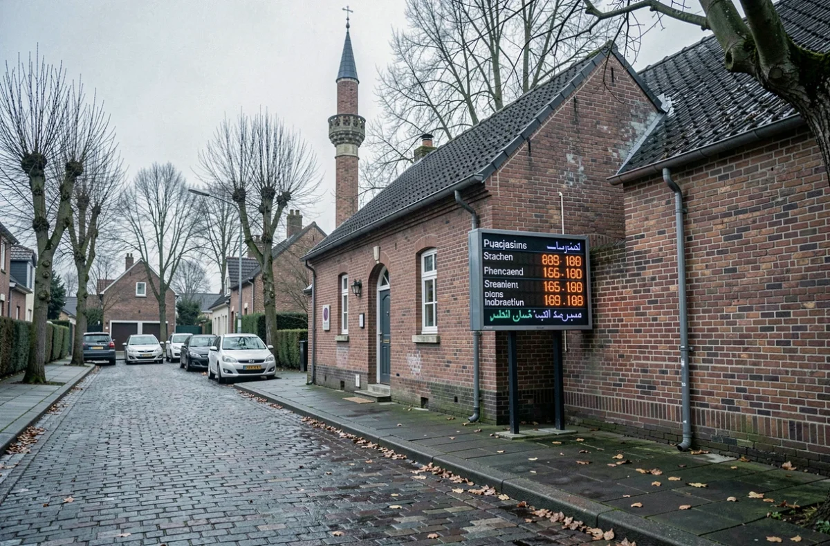 Façade d'une mosquée à Mons-en-Barœul avec un panneau d'affichage des horaires de prière en hiver