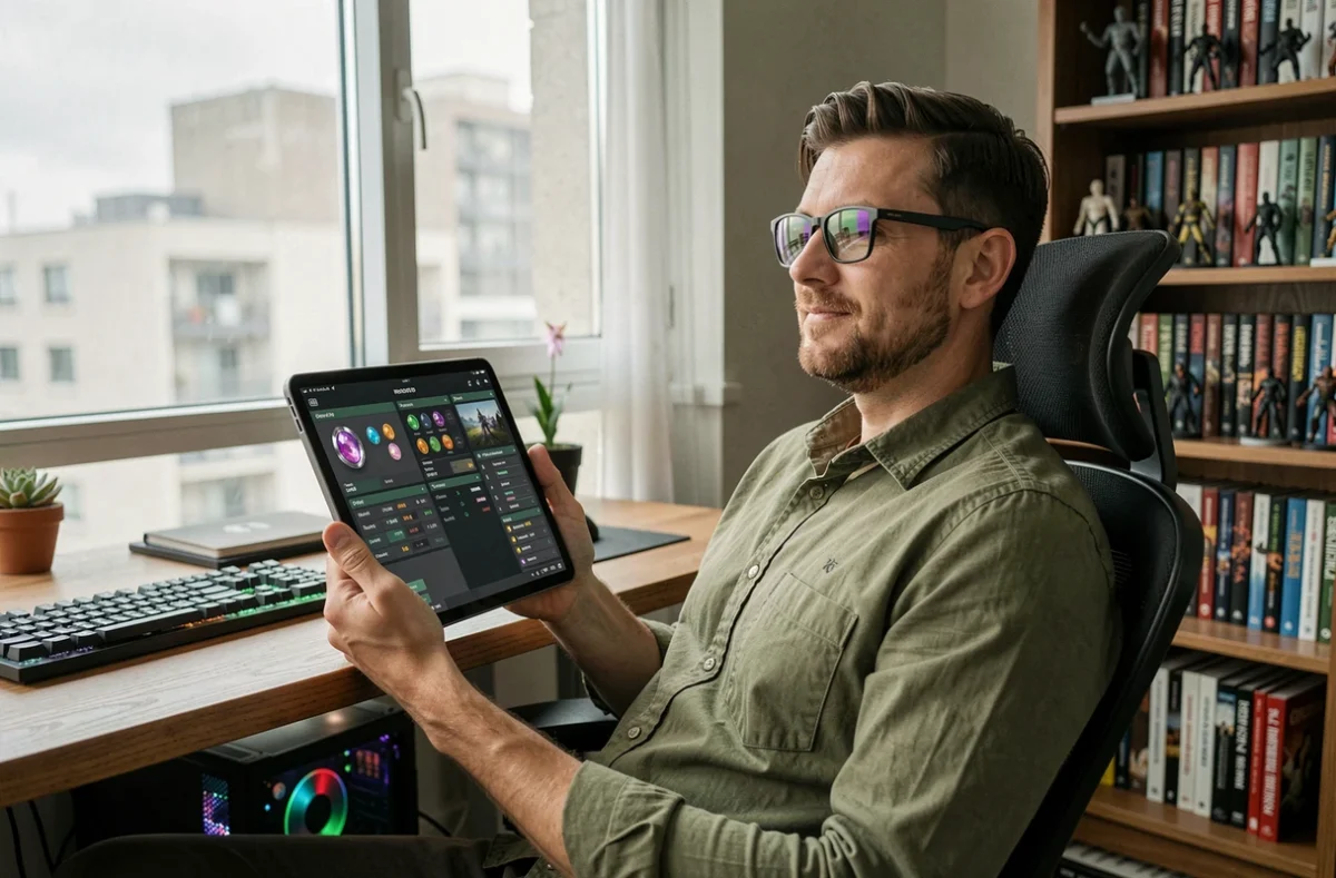 Joueur adulte consultant un planificateur de build Path of Exile 2 sur tablette dans un bureau à domicile organisé