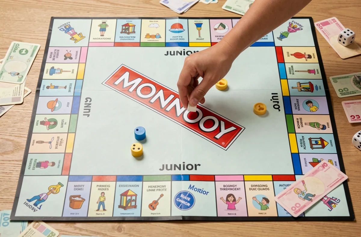 Vue aérienne du plateau de jeu Monopoly Junior en cours de partie avec billets et pions colorés