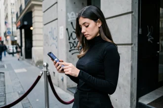Jeune femme réservant une entrée dans un club techno parisien via son smartphone devant une façade en béton