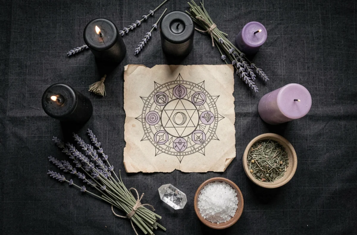 Mise en scène rituelle avec bougies noires, cristaux et diagramme de chakras sur tissu sombre