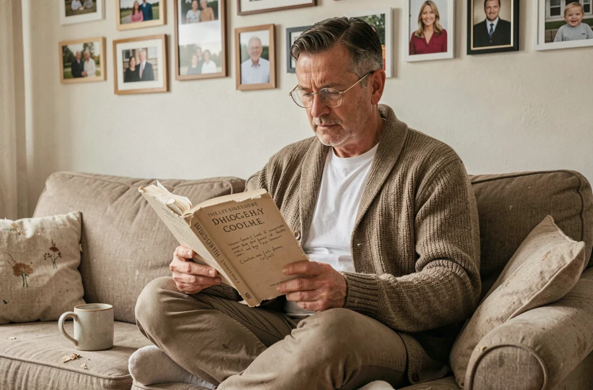 Tom Benoit dans son intimité lisant un livre de philosophie annoté sur son canapé avec des photos de famille en arrière-plan