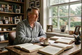 Portrait intimiste de Tom Benoit philosophe assis à son bureau personnel entouré de livres de philosophie et de notes manuscrites