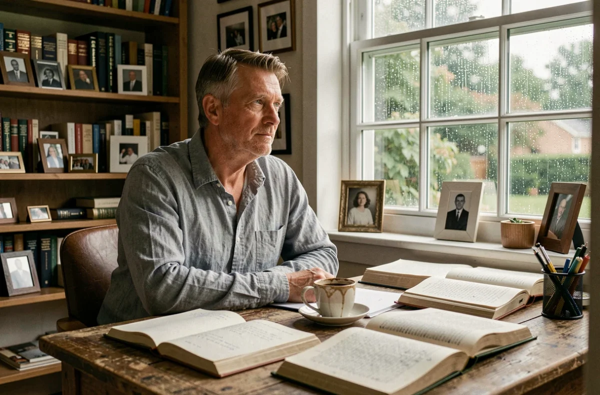 Portrait intimiste de Tom Benoit philosophe assis à son bureau personnel entouré de livres de philosophie et de notes manuscrites