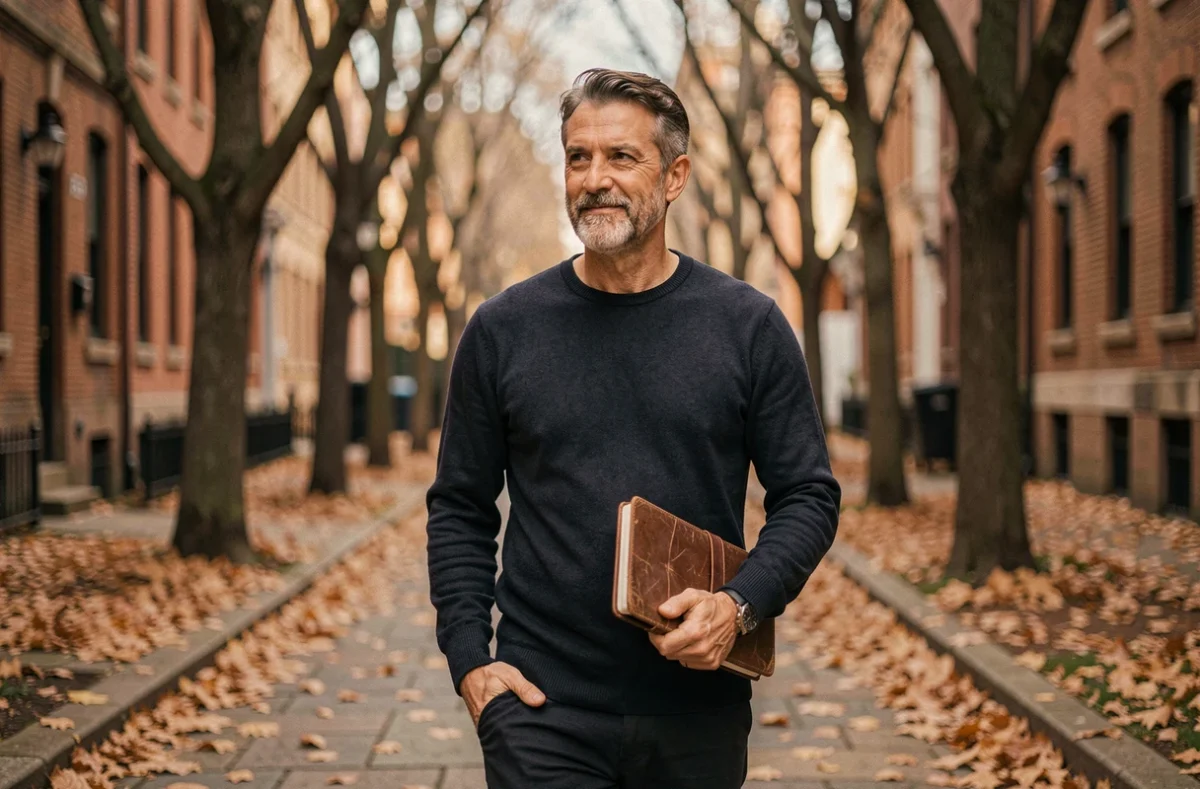 Tom Benoit philosophe se promenant seul dans une allée arborée en automne tenant un carnet de notes en cuir usé