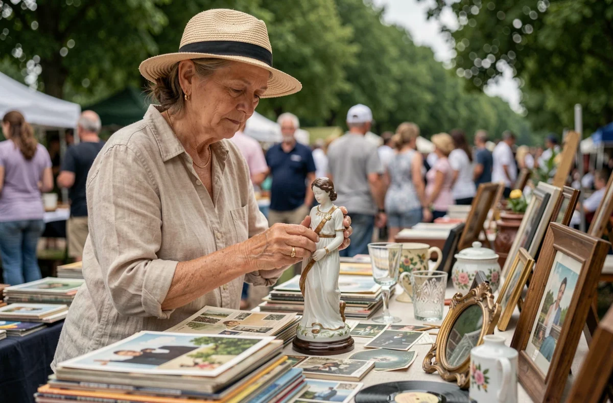 Vendeuse inspectant une figurine en porcelaine sur son étal lors d'un vide grenier en plein air dans le 82