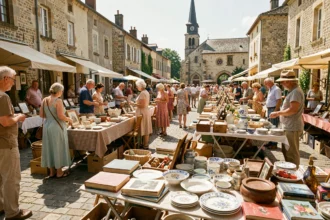 Vide grenier animé dans une place de village du Tarn-et-Garonne un dimanche matin, avec des tables de brocante et des visiteurs flânant entre les étals