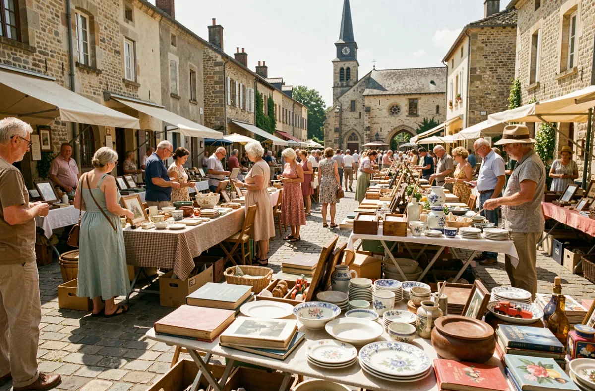 Vide grenier animé dans une place de village du Tarn-et-Garonne un dimanche matin, avec des tables de brocante et des visiteurs flânant entre les étals