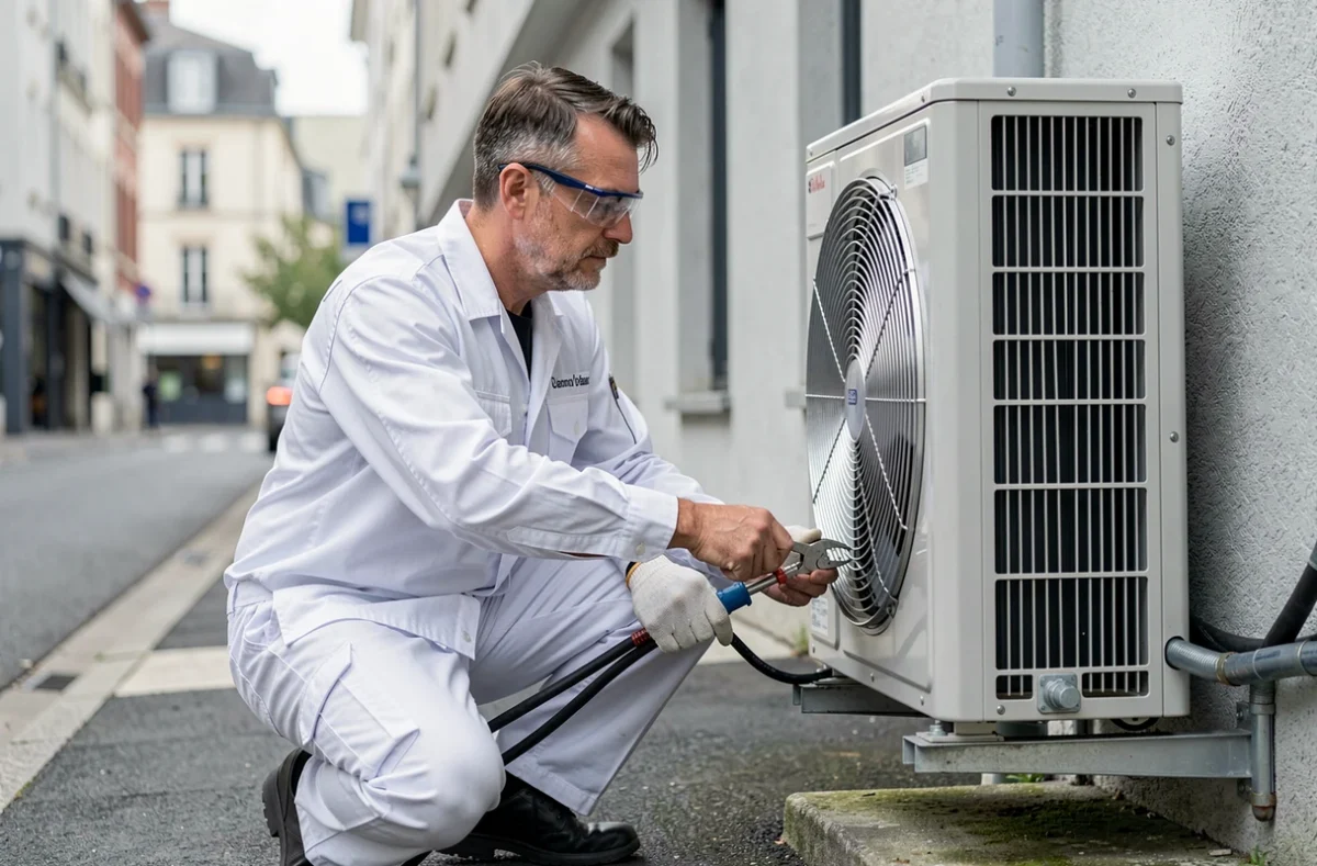 Spécialiste froid et climatisation AC Froid intervenant sur une unité extérieure au Mans