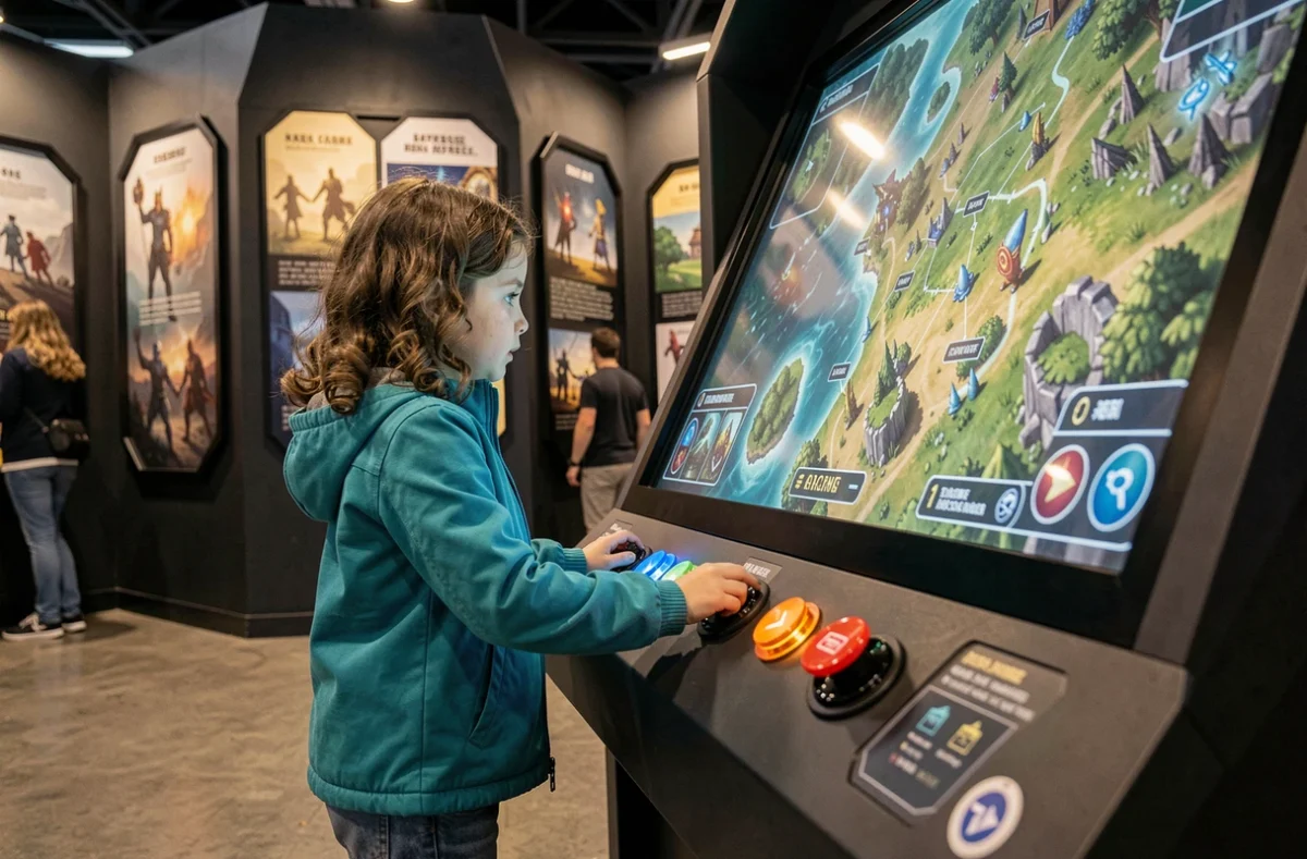 Fillette interagissant avec une borne interactive lors de l'exposition Arcane pour enfants à Montpellier