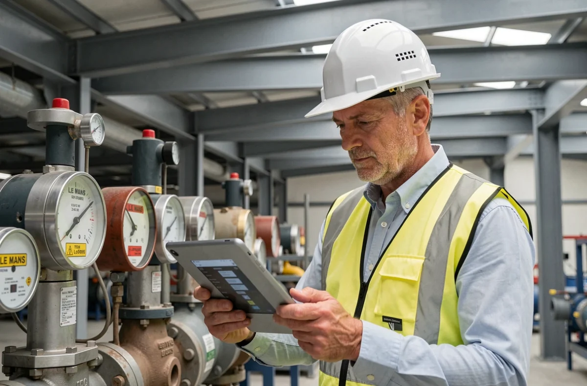 Inspecteur technique AEIT procédant à une analyse de conformité dans une installation industrielle au Mans