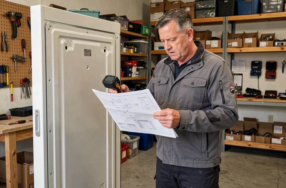 Gilles Campoy technicien indépendant examinant un réfrigérateur dans son atelier