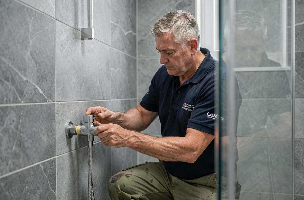 Artisan plombier CD Plomberie posant un mitigeur thermostatique dans une salle de bain moderne au Mans