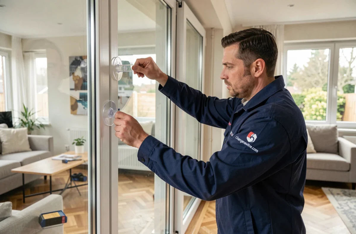 Technicien Changemavitre.com installant un nouveau vitrage dans une maison du Rhône