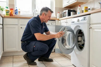Technicien en électroménager réparant une machine à laver dans une cuisine du Rhône
