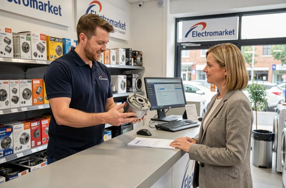 Conseiller Electromarket présentant une pièce détachée à une cliente dans le magasin