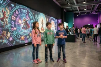 Enfants émerveillés devant une exposition Arcane immersive à Montpellier avec décor fantastique violet et sarcelle