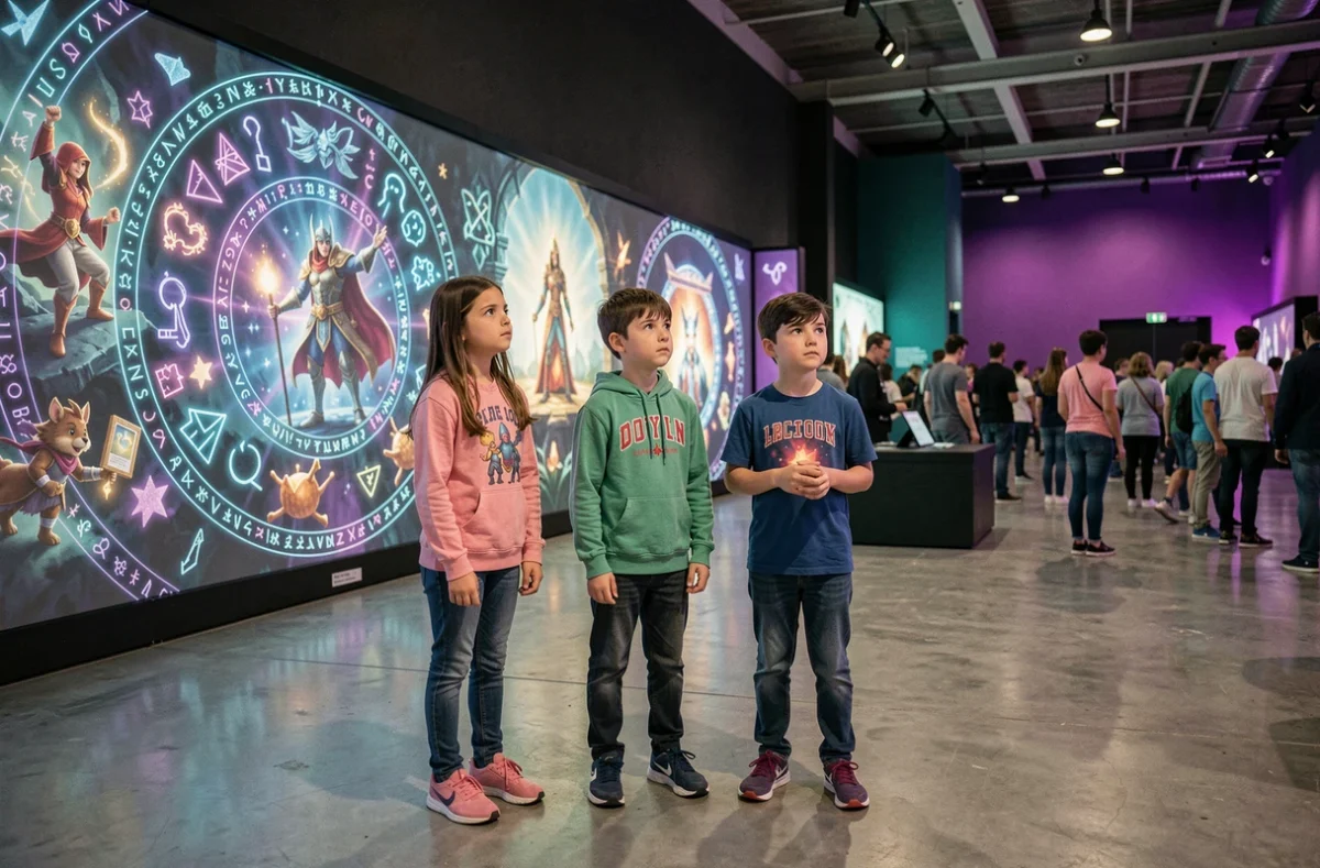 Enfants émerveillés devant une exposition Arcane immersive à Montpellier avec décor fantastique violet et sarcelle
