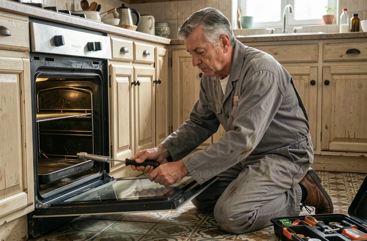 Antonio Esposito réparant un four domestique chez un particulier