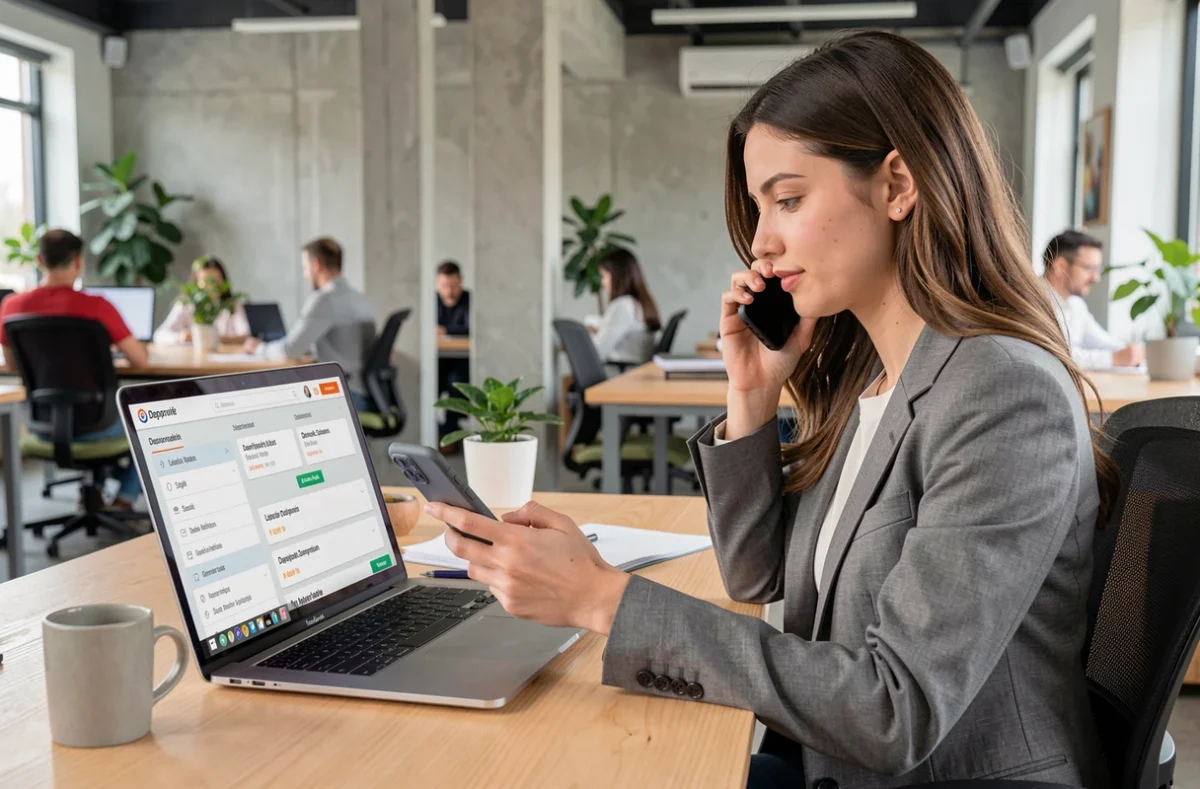 Utilisatrice recherchant un serrurier d'urgence via la plateforme FairFair sur son ordinateur portable