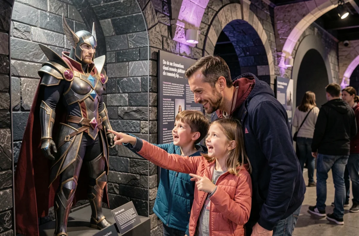 Famille avec enfants découvrant les costumes de l'exposition Arcane à Montpellier lors d'une sortie culturelle