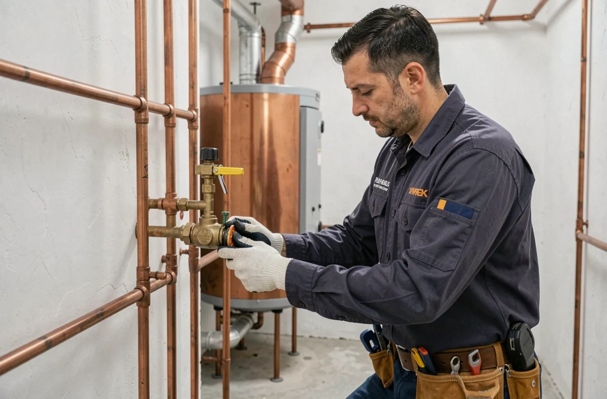 Plombier chauffagiste Hanotaux Plomberie inspectant une chaudière à gaz dans une chaufferie au Mans