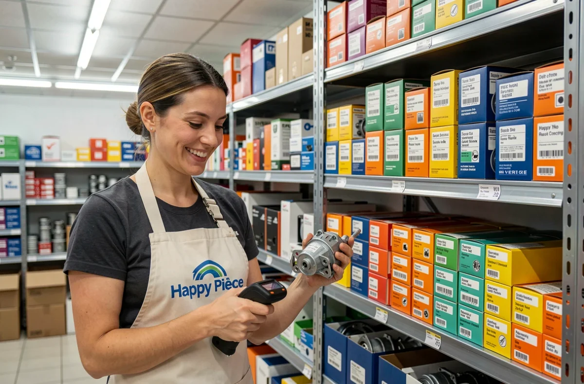 Employée Happy Pièce récupérant une pièce détachée dans les rayons du magasin