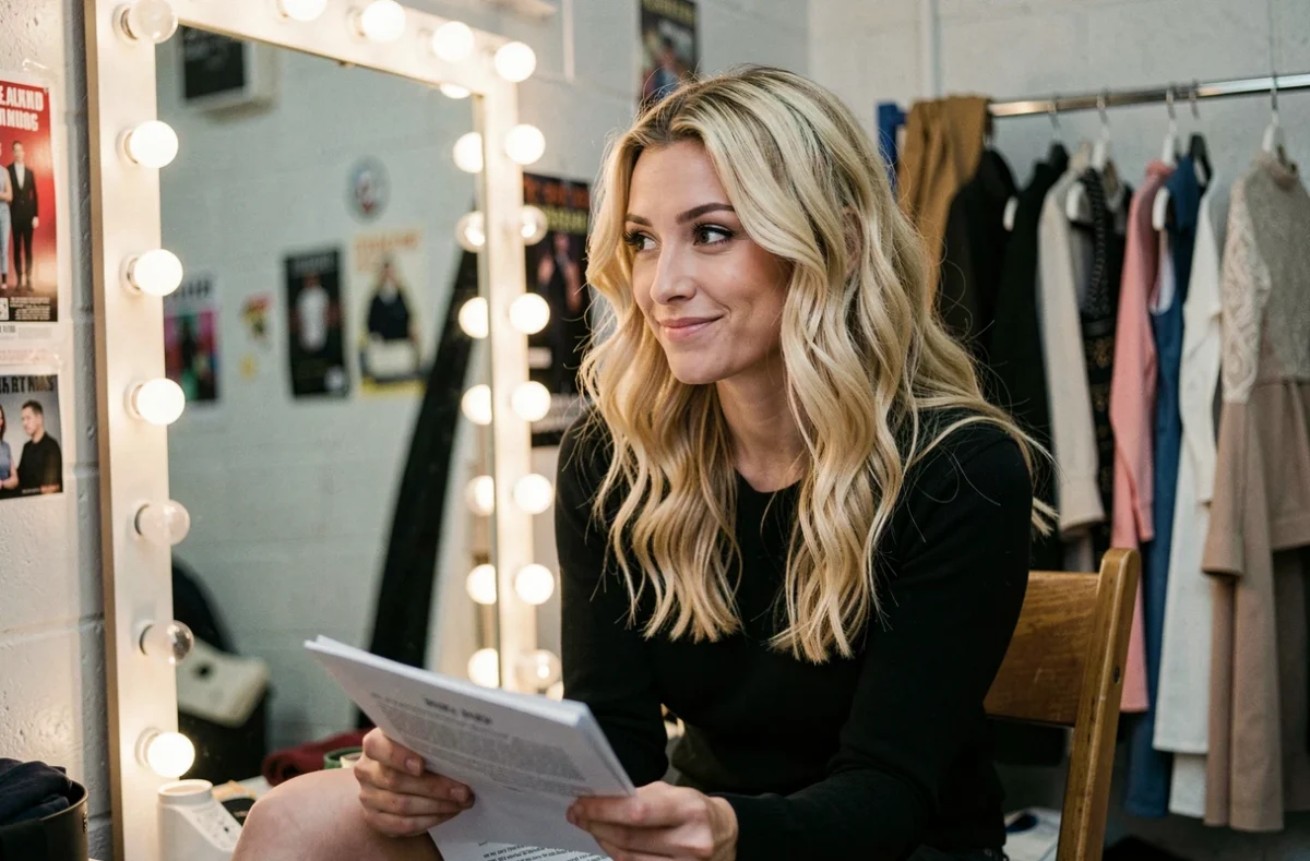Humoriste blonde en coulisses avant un spectacle, expression amusée et naturelle dans une loge de théâtre