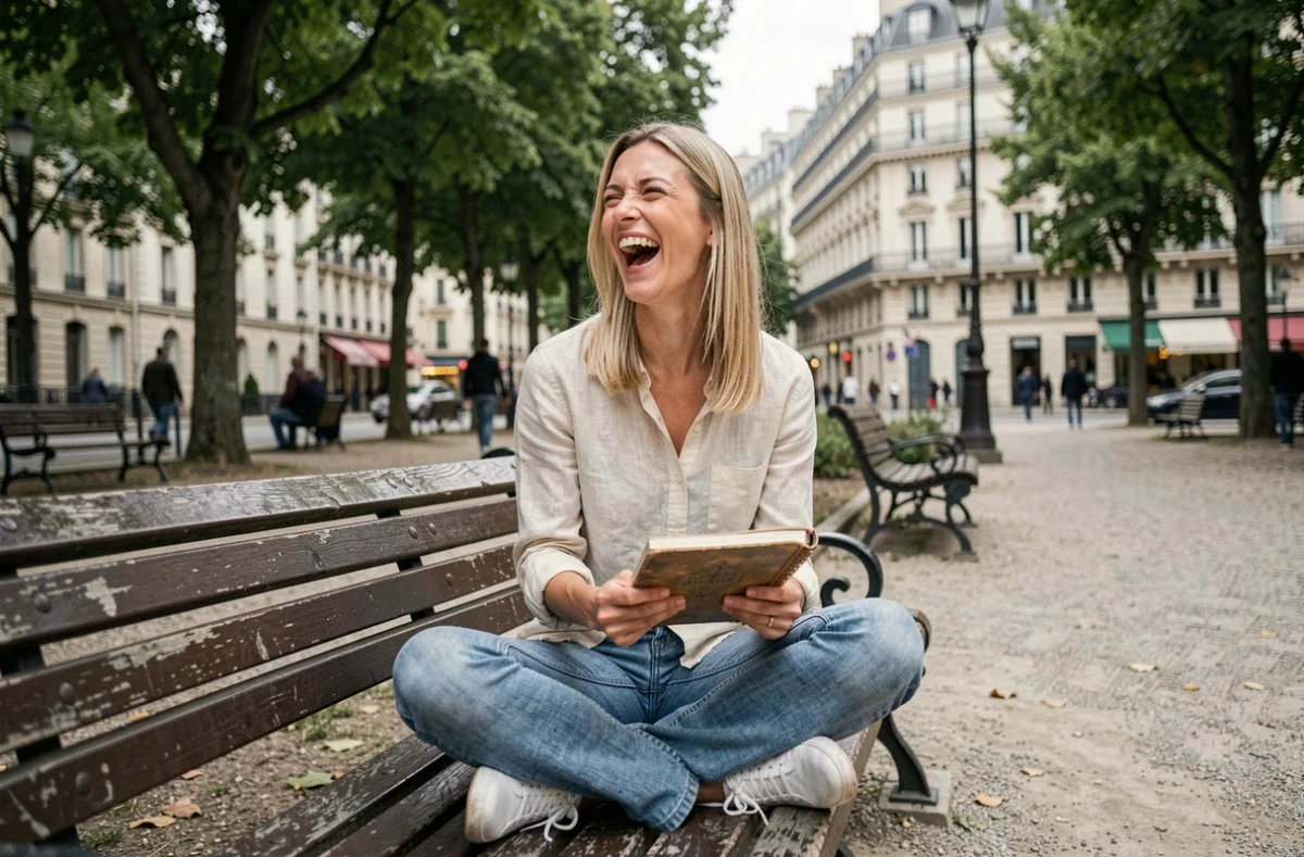 Humoriste française blonde qui rit en révisant ses textes dans un square parisien, atmosphère urbaine détendue