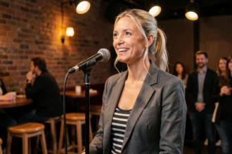Humoriste française blonde au micro dans un club de comédie, sourire confiant et posture naturelle sur scène