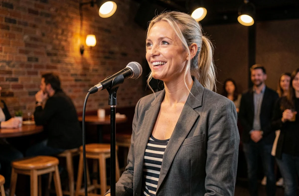 Humoriste française blonde au micro dans un club de comédie, sourire confiant et posture naturelle sur scène