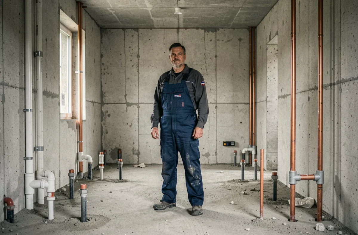 Employé de l'entreprise de plomberie IDF sur un chantier en cours au Mans