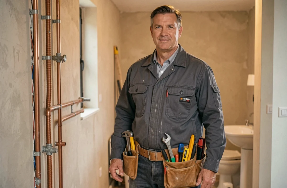Technicien Lhermenier intervenant en électricité et plomberie dans une salle de bain en rénovation au Mans