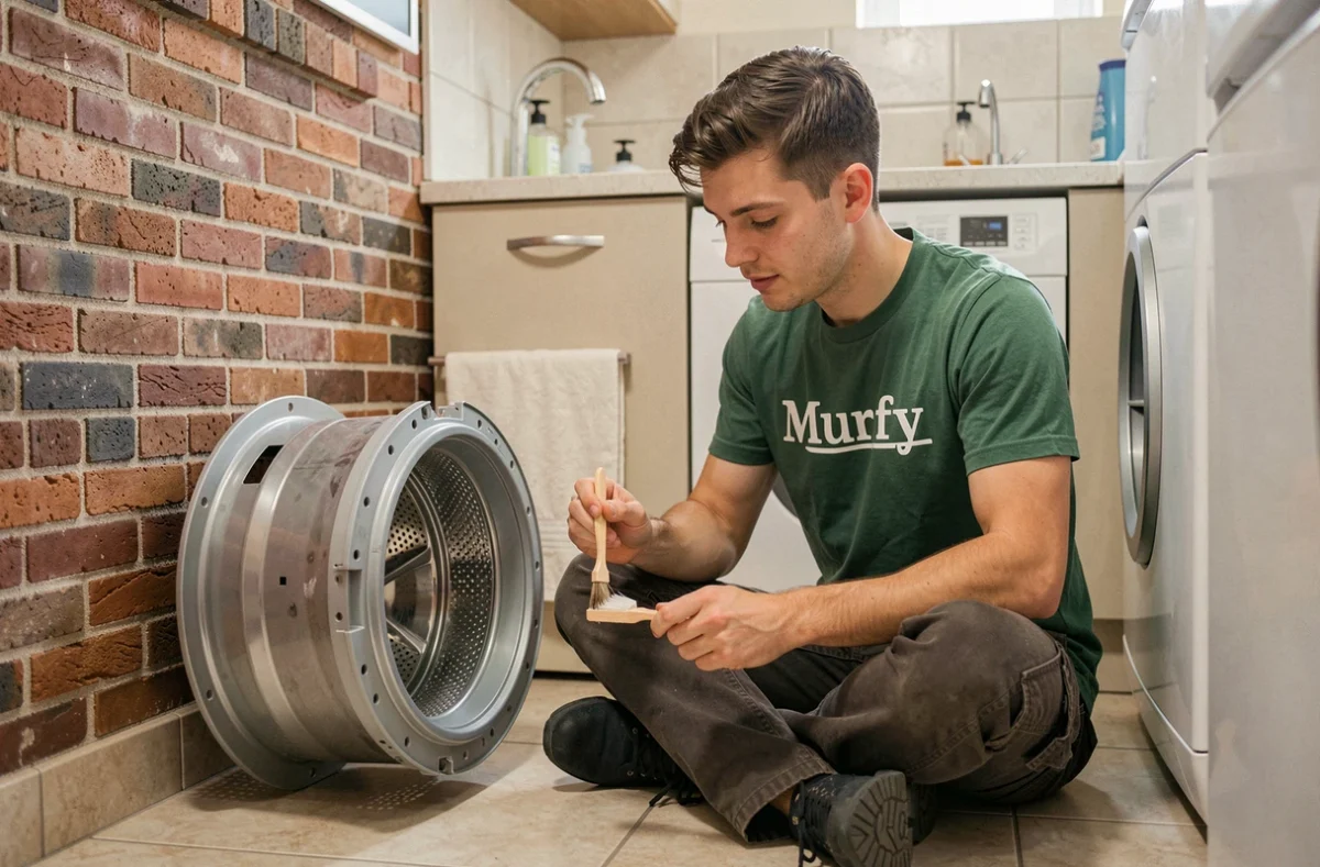 Technicien Murfy nettoyant un filtre de machine à laver dans un appartement urbain