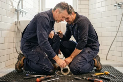 Plombier professionnel en salopette bleue travaillant dans une salle de bain moderne au Mans