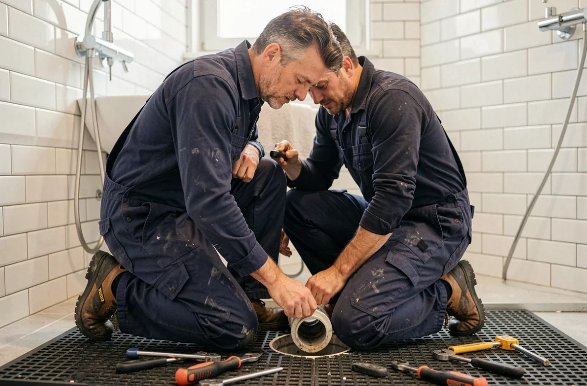 Plombier professionnel en salopette bleue travaillant dans une salle de bain moderne au Mans