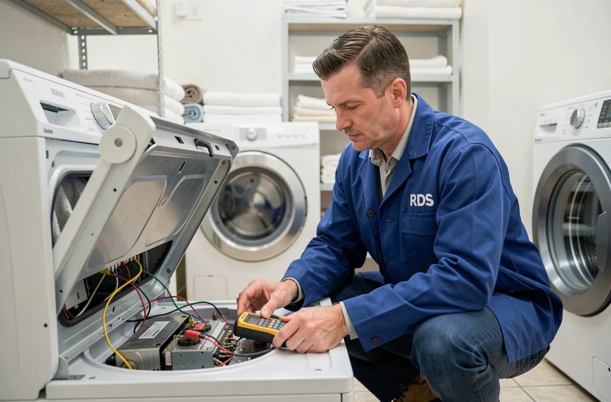 Technicien RDS Électroménager Rhône Dépannage Service utilisant un multimètre sur un sèche-linge