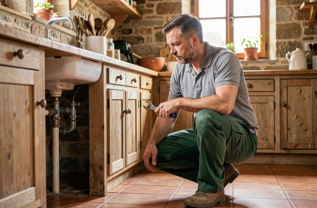 Artisan plombier Renvoisé Thomas Alain sous un évier dans une cuisine en Sarthe