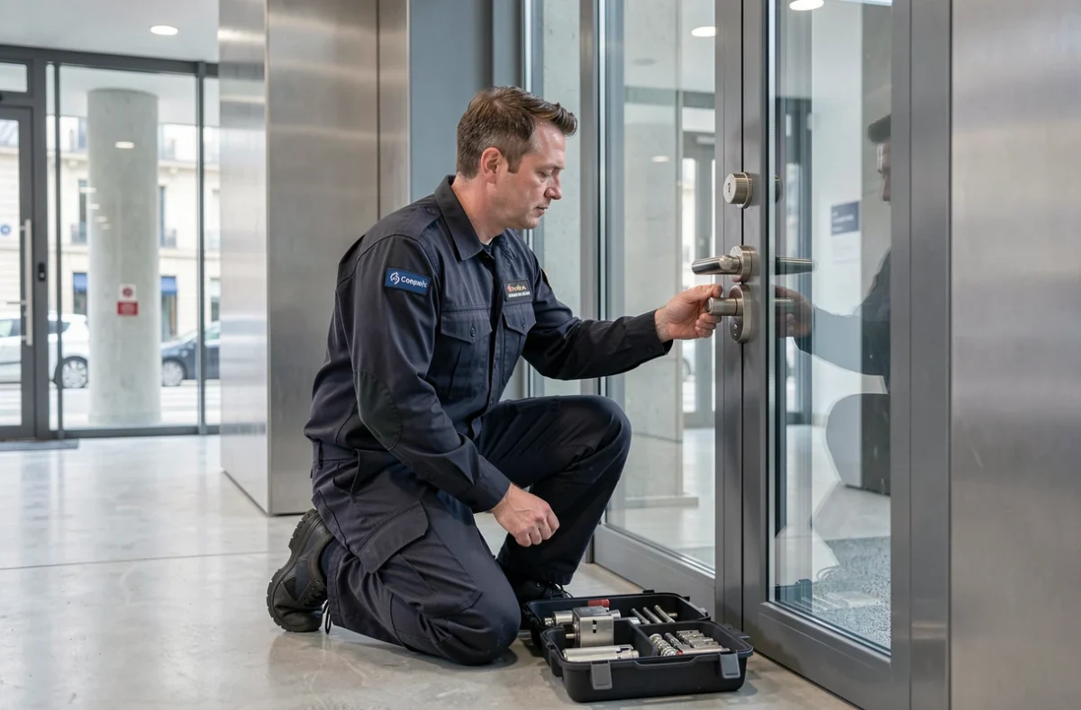 Technicien de Sateg Protection installant une serrure haute sécurité sur un immeuble commercial à Lyon